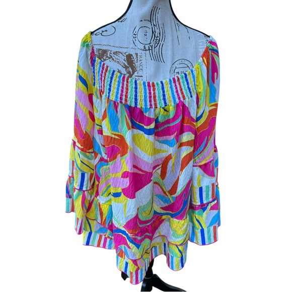 John Mark NWT Off Shoulder Rainbow Smocked Peasant Blouse Tiered 1X Boho Resort - Picture 3 of 15